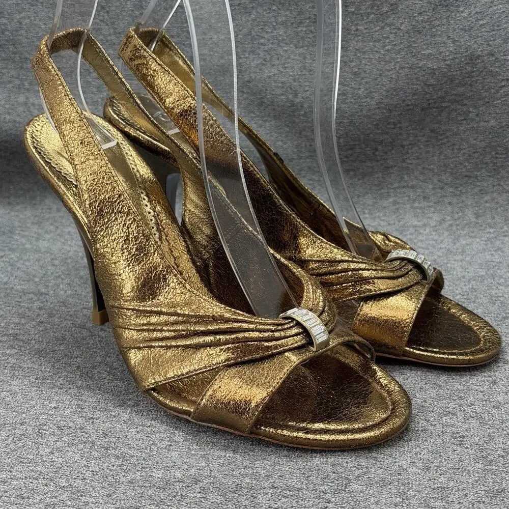 Bourne Leather Slingback Peep Toe Shoes Size 37 Metallic Gold Rhinestone Heels